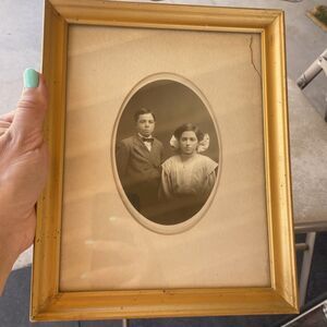 Original Small Antique Photograph Print Brother Sister In Gold Frame Wood 8x10”